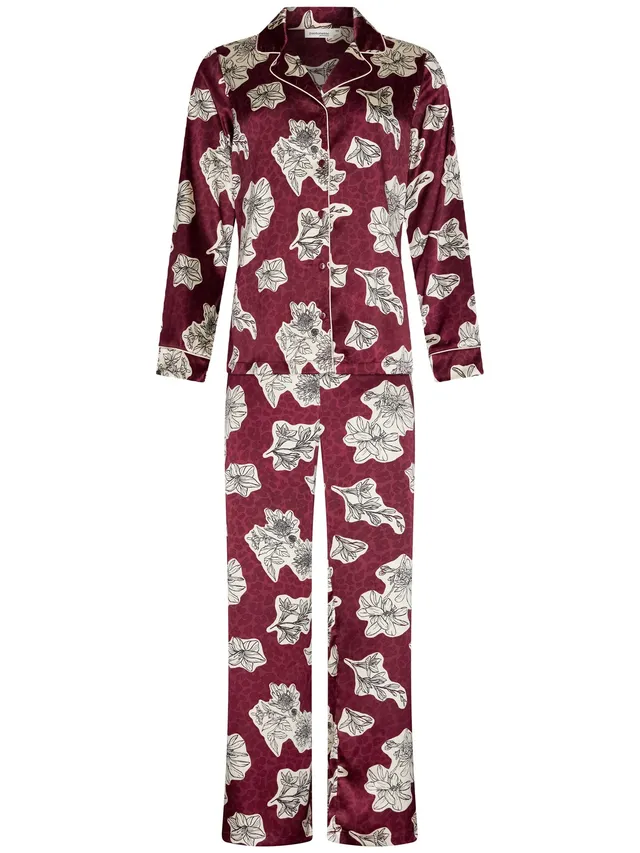 pastunette-premium-burgundy-dream-pyjama-bordeaux-satin-blumen image 1