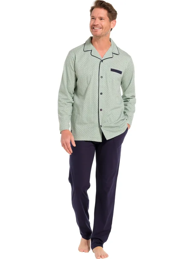 pastunette-square-pyjama-gr-n-baumwolle-knopfleiste-herren image 1