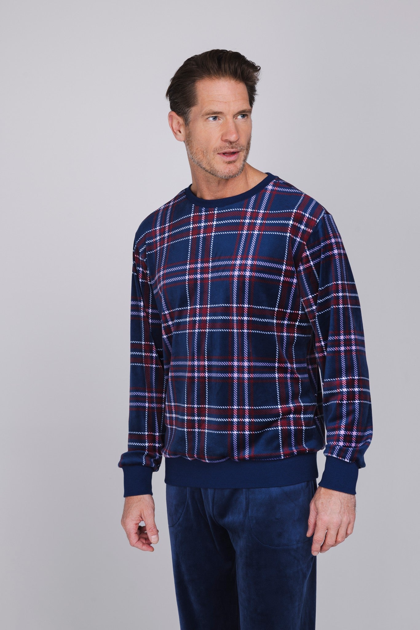 pastunette-northern-checks-herren-pyjama-dunkelblau-velours image 6