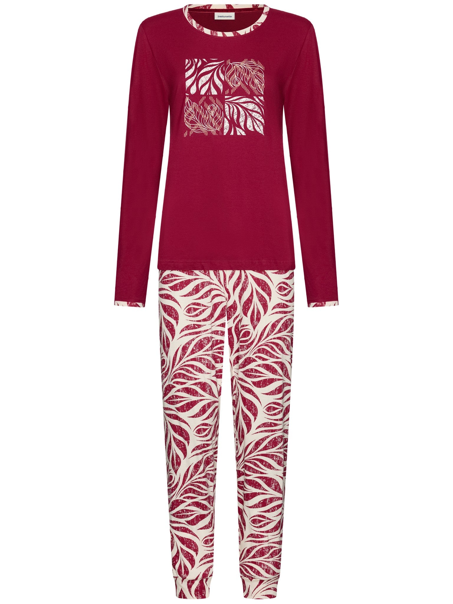 pastunette-rosewood-comfort-pyjama-rot-bio-baumwolle-blattprint image 1