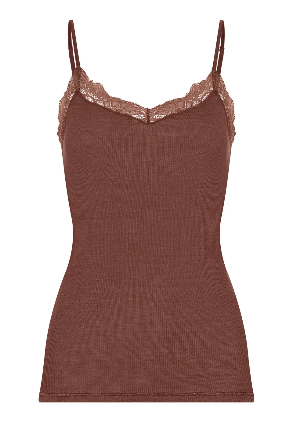 hanro-woolen-lace-spaghettitop-cinnamon-spitze image 1