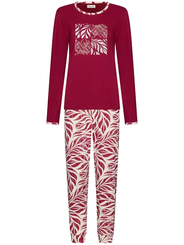 pastunette-rosewood-comfort-pyjama-rot-bio-baumwolle-blattprint image 1