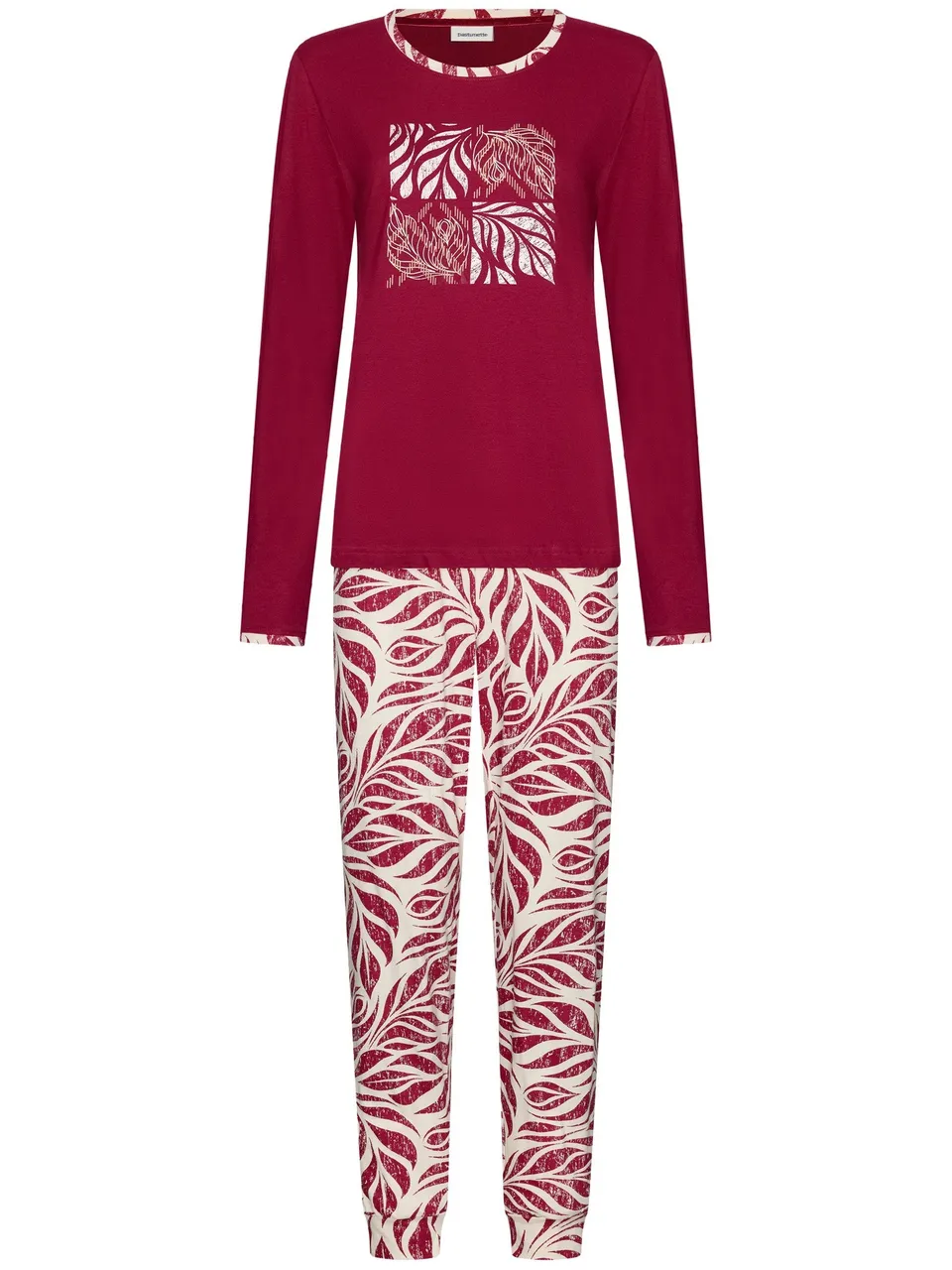 pastunette-rosewood-comfort-pyjama-rot-bio-baumwolle-blattprint image 1
