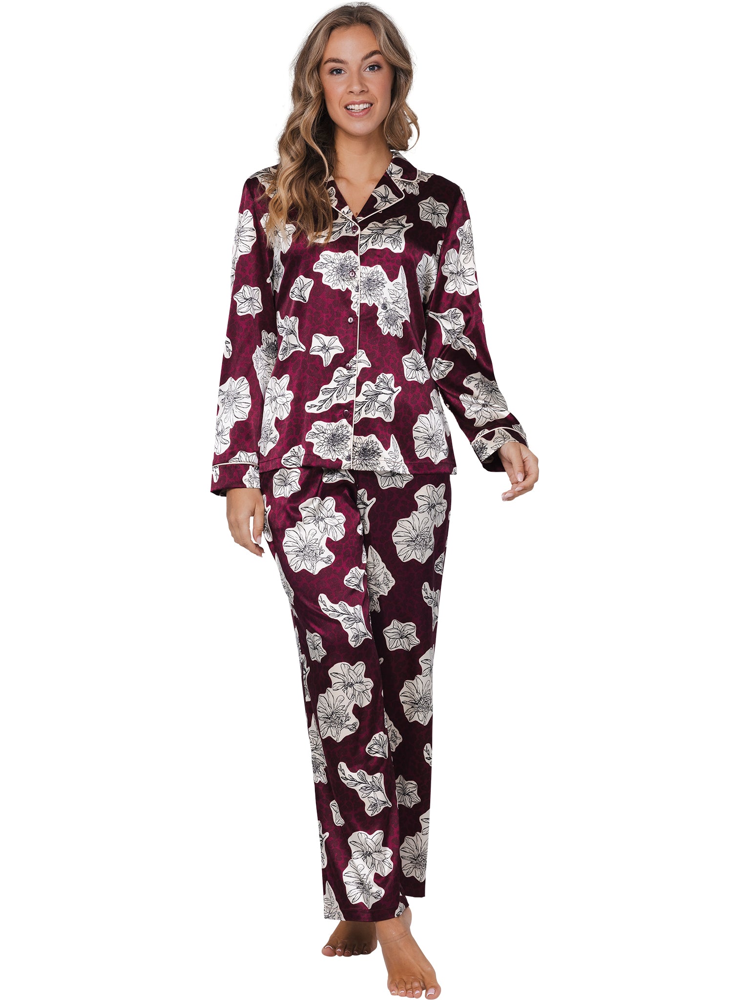 pastunette-premium-burgundy-dream-pyjama-bordeaux-satin-blumen image 3