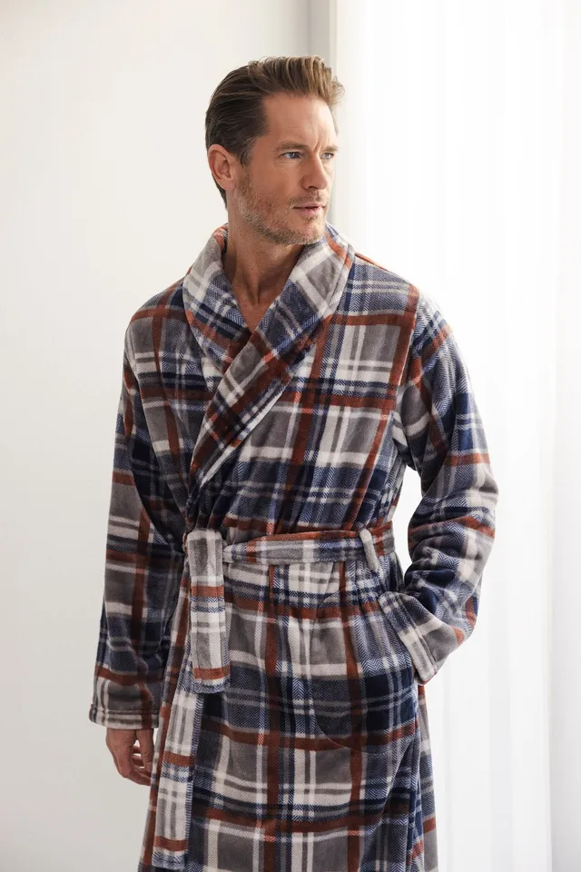 pastunette-urban-essence-bademantel-herren-grau-kariert-fleece image 1