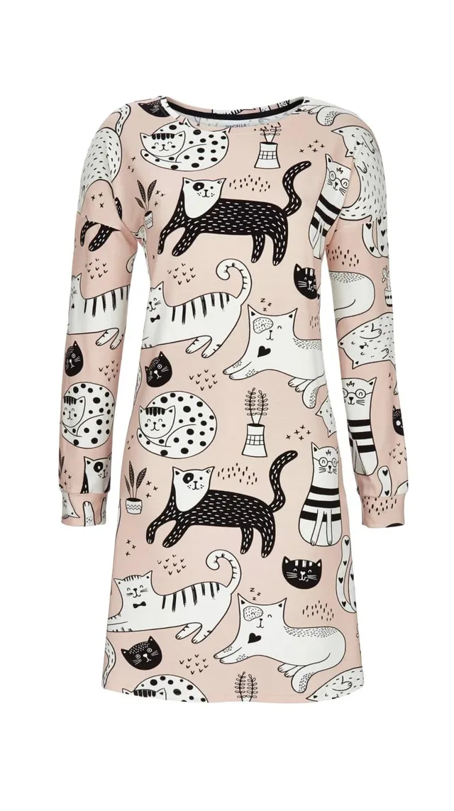 ringella-damen-sleepshirt-langarm-katzen-champagner-nachthemd-baumwolle image 1