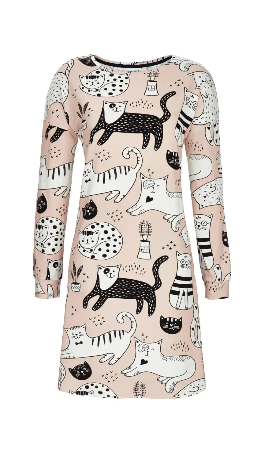ringella-damen-sleepshirt-langarm-katzen-champagner-nachthemd-baumwolle image 1