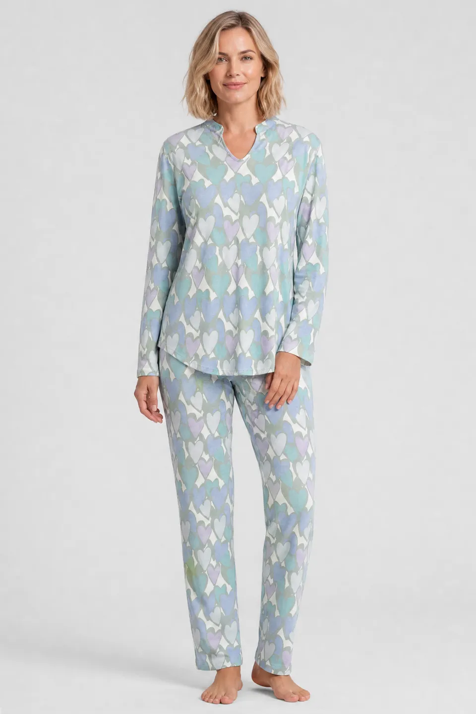 r-sch-be-happy-pyjama-herz-druck-blau-langarm-baumwolle image 1