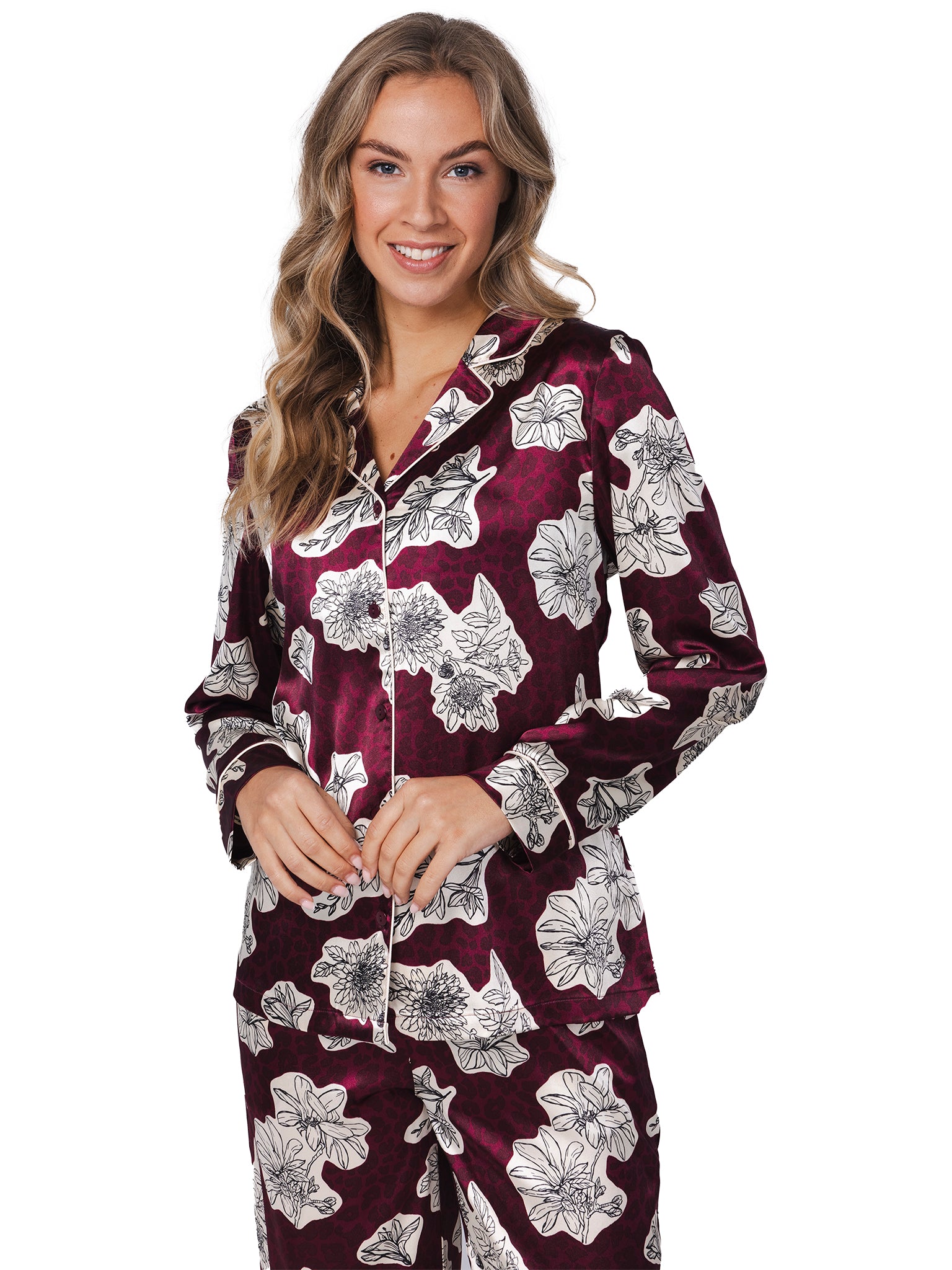 pastunette-premium-burgundy-dream-pyjama-bordeaux-satin-blumen image 5