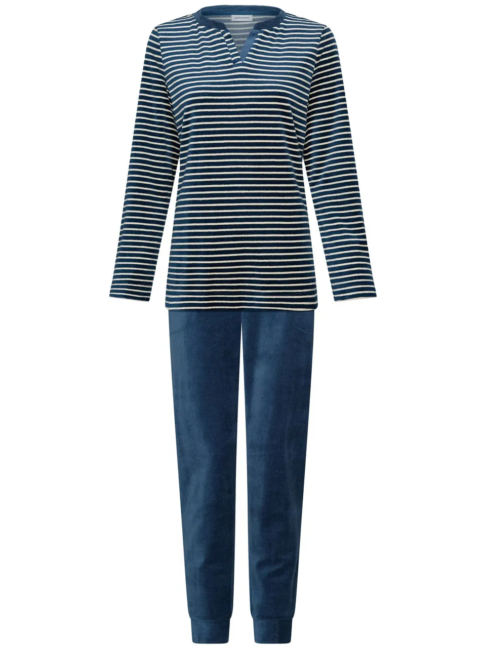 pastunette-nordic-bloom-pyjama-damen-blau-velours-gestreift image 1