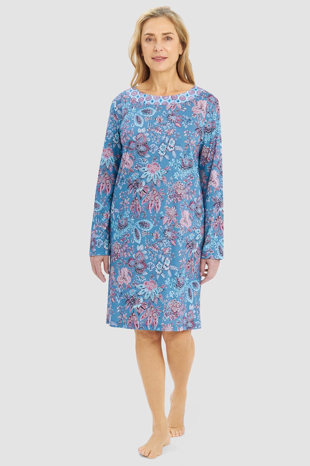 r-sch-be-happy-nachthemd-knielang-ornamentdruck-blau-langarm image 1