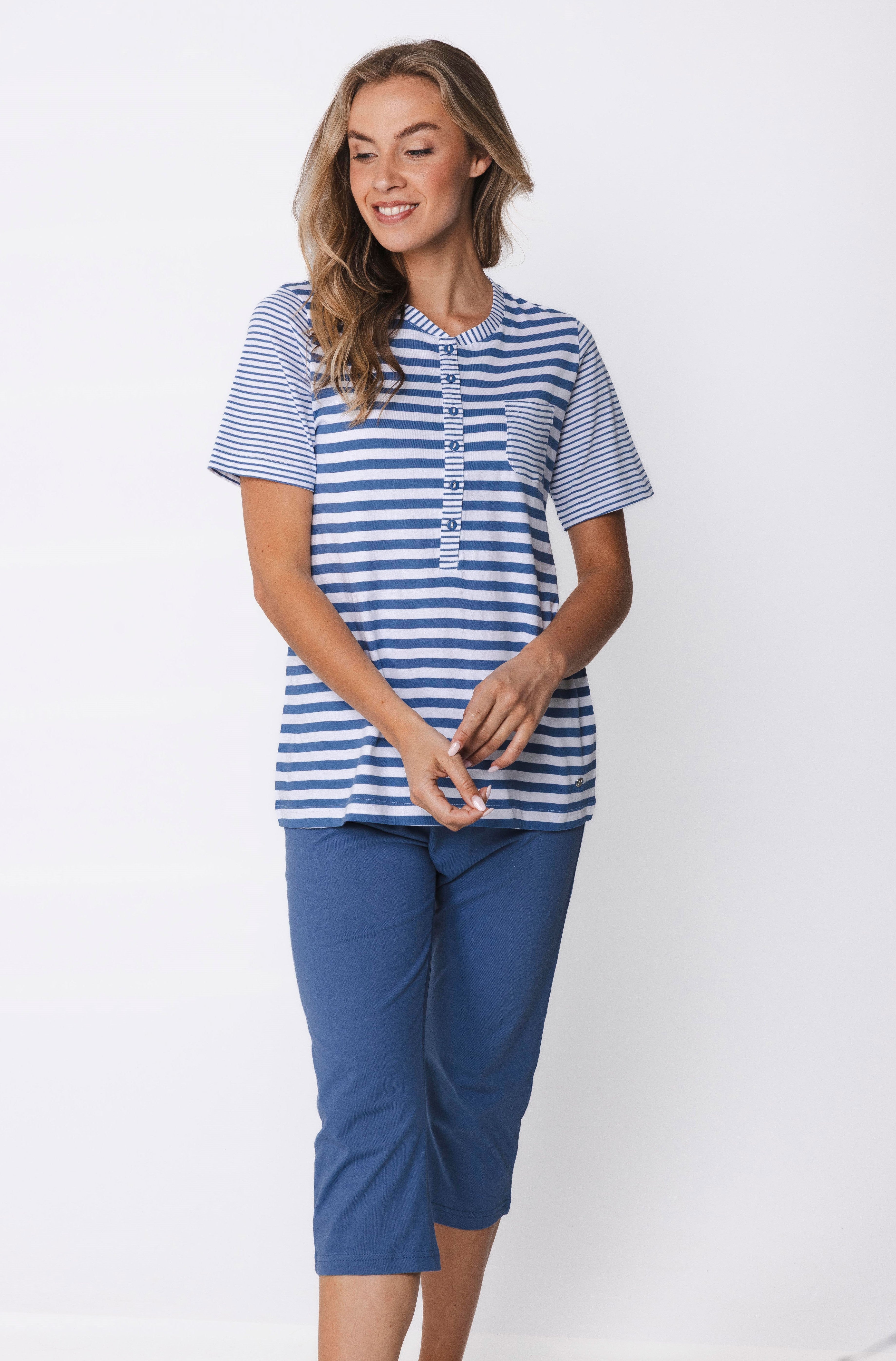 pastunette-stone-blue-pyjama-gestreift-blau-3-4-hose-baumwolle image 5
