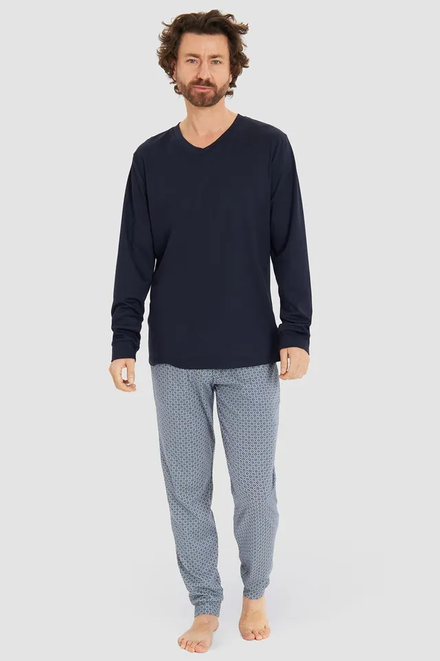 r-sch-be-happy-herren-pyjama-lang-v-ausschnitt-schlafanzug-blau image 1