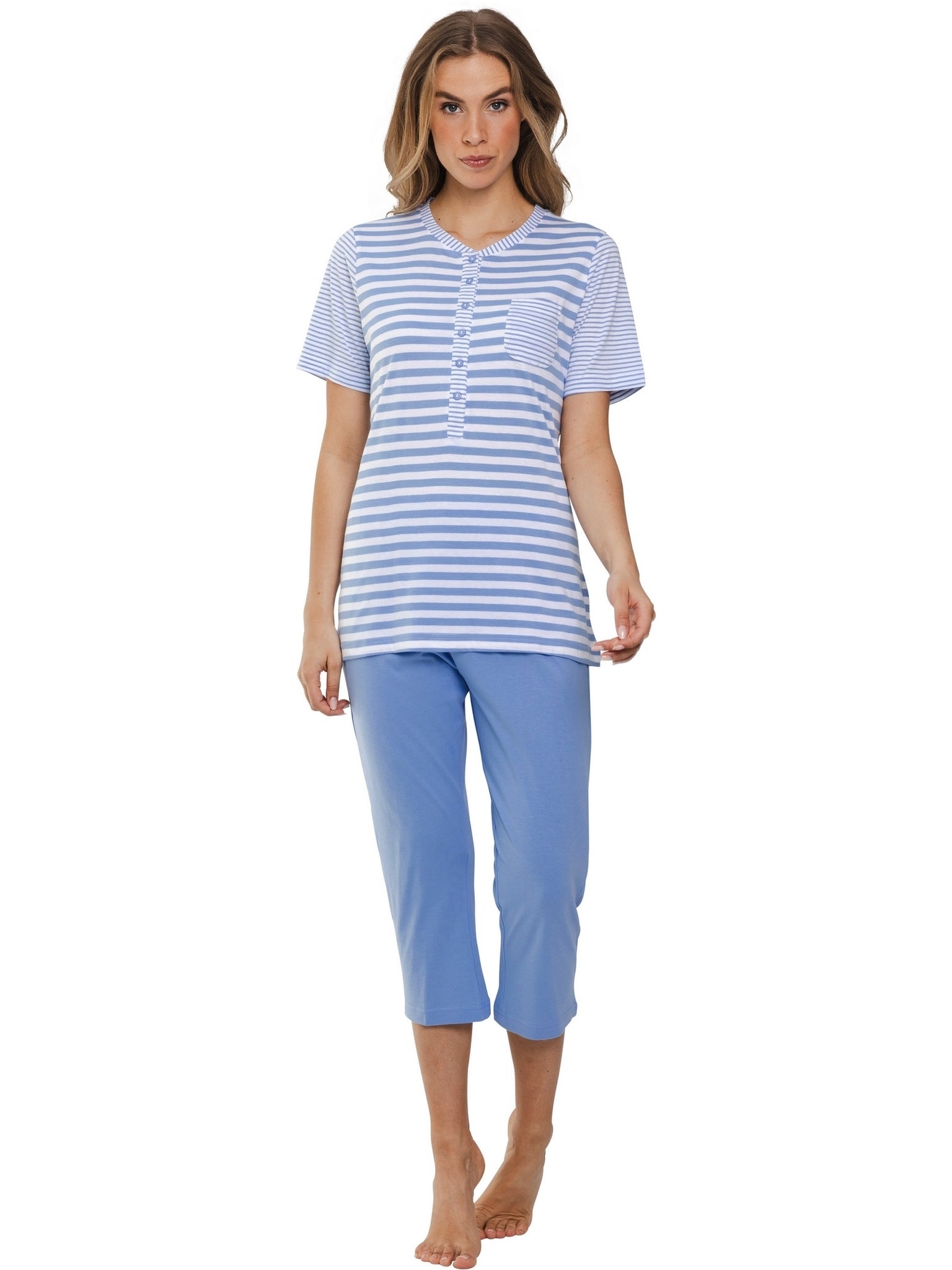 pastunette-soft-blue-baumwoll-pyjama-hellblau-gestreift image 2