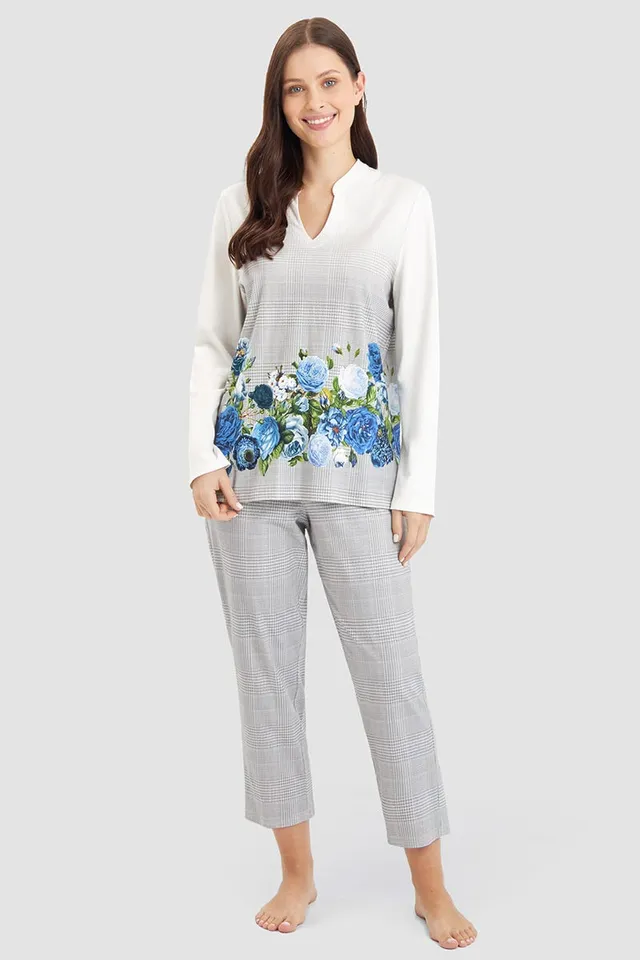 r-sch-be-happy-pyjama-7-8-blau-rosen-karo-langarm image 1