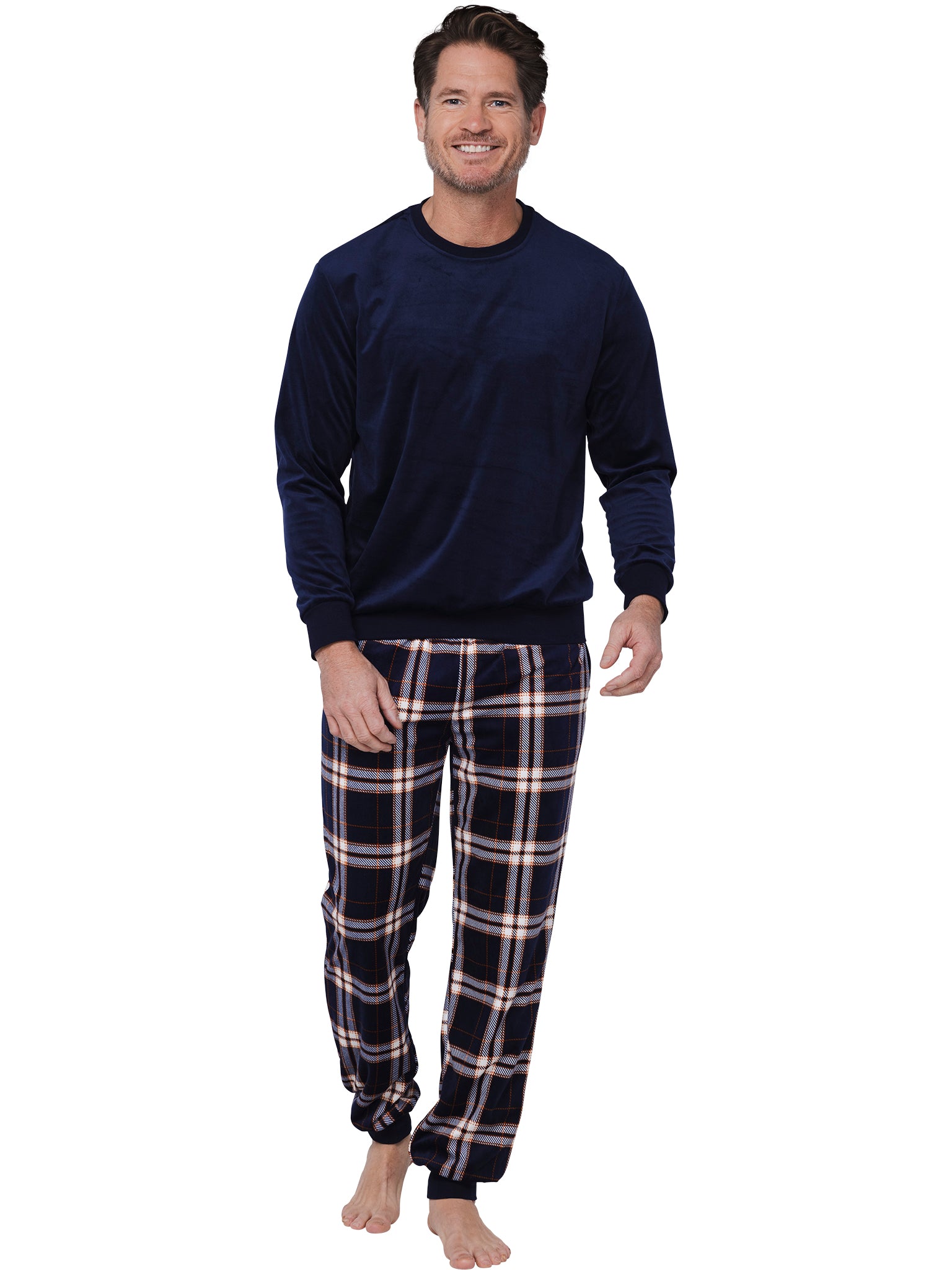 pastunette-midnight-mode-pyjama-dunkelblau-kariert-velours-fleece image 3