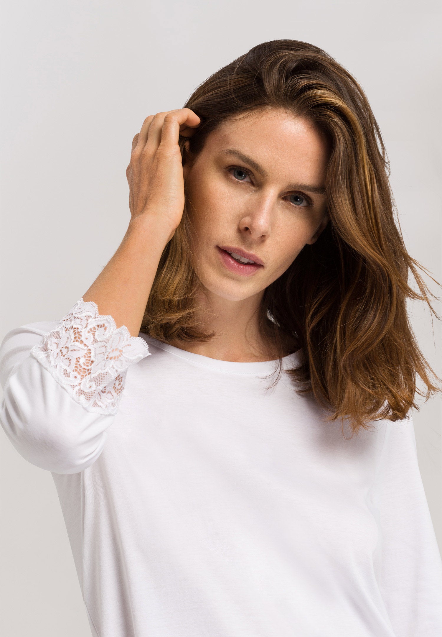 hanro-moments-pyjama-3-4-arm-damen-wei-spitze-baumwolle-set image 5