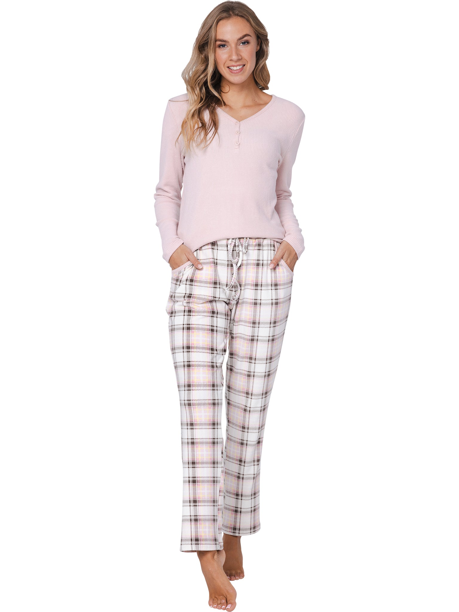 pastunette-pink-checks-pyjama-rosa-kariert-mit-v-ausschnitt image 3