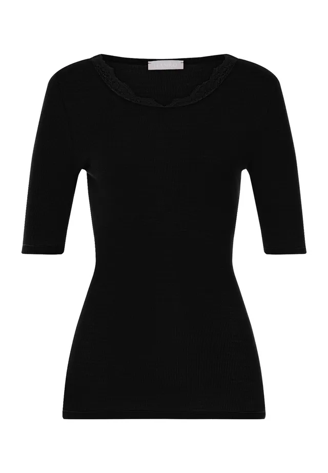 hanro-woolen-lace-kurzarm-shirt-damen-schwarz-merinowolle image 1