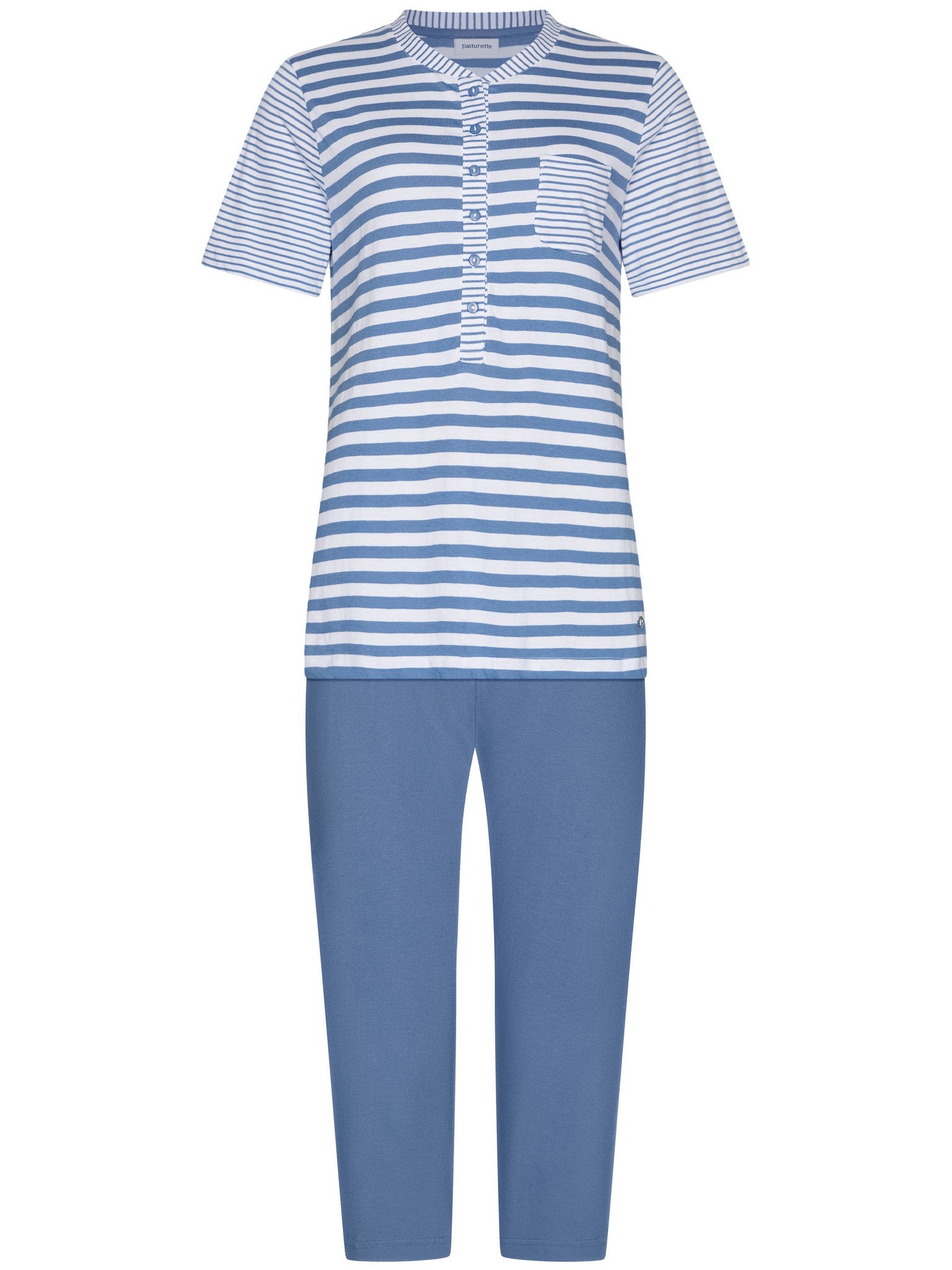 pastunette-stone-blue-pyjama-gestreift-blau-3-4-hose-baumwolle image 1