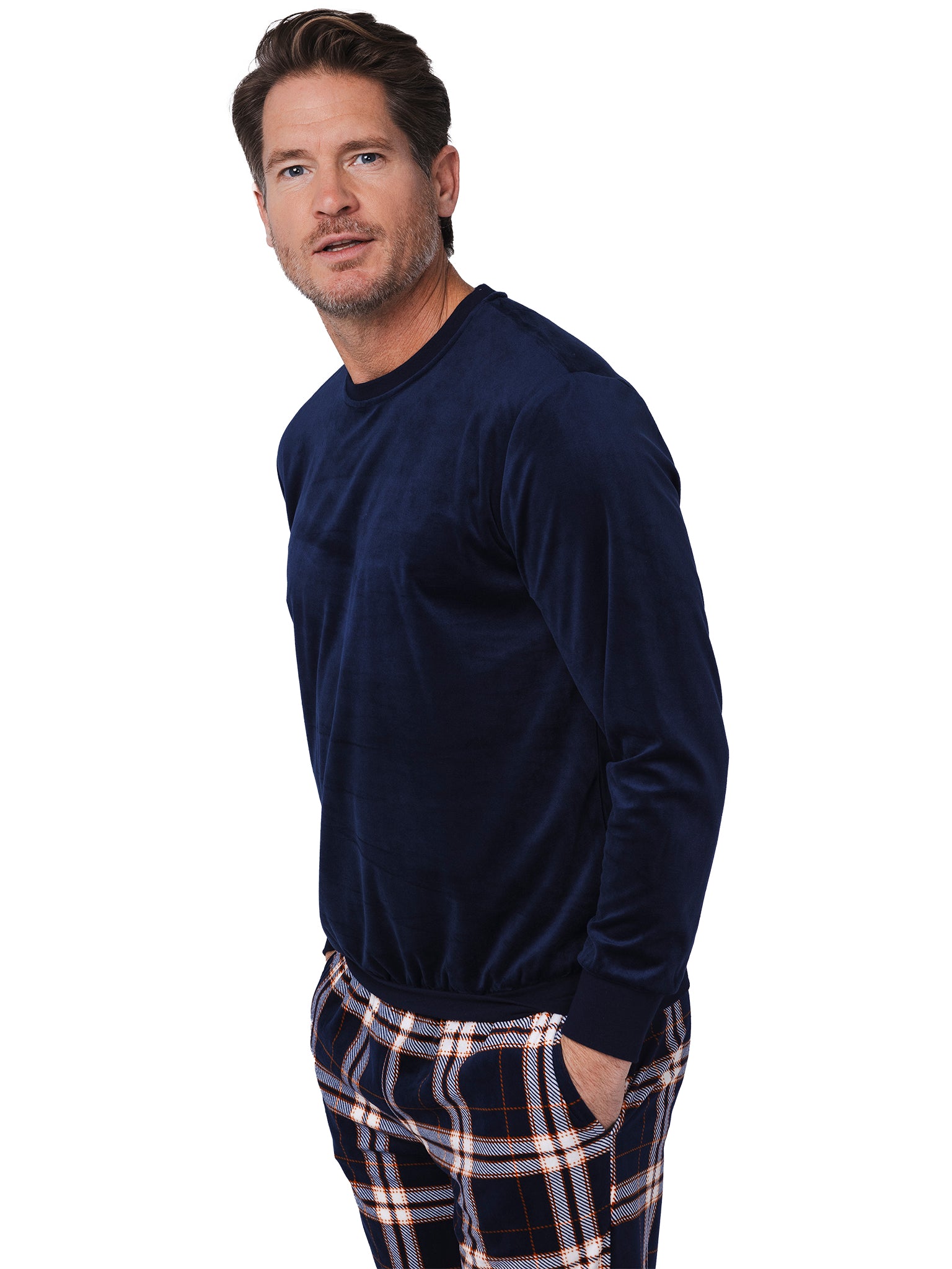 pastunette-midnight-mode-pyjama-dunkelblau-kariert-velours-fleece image 6