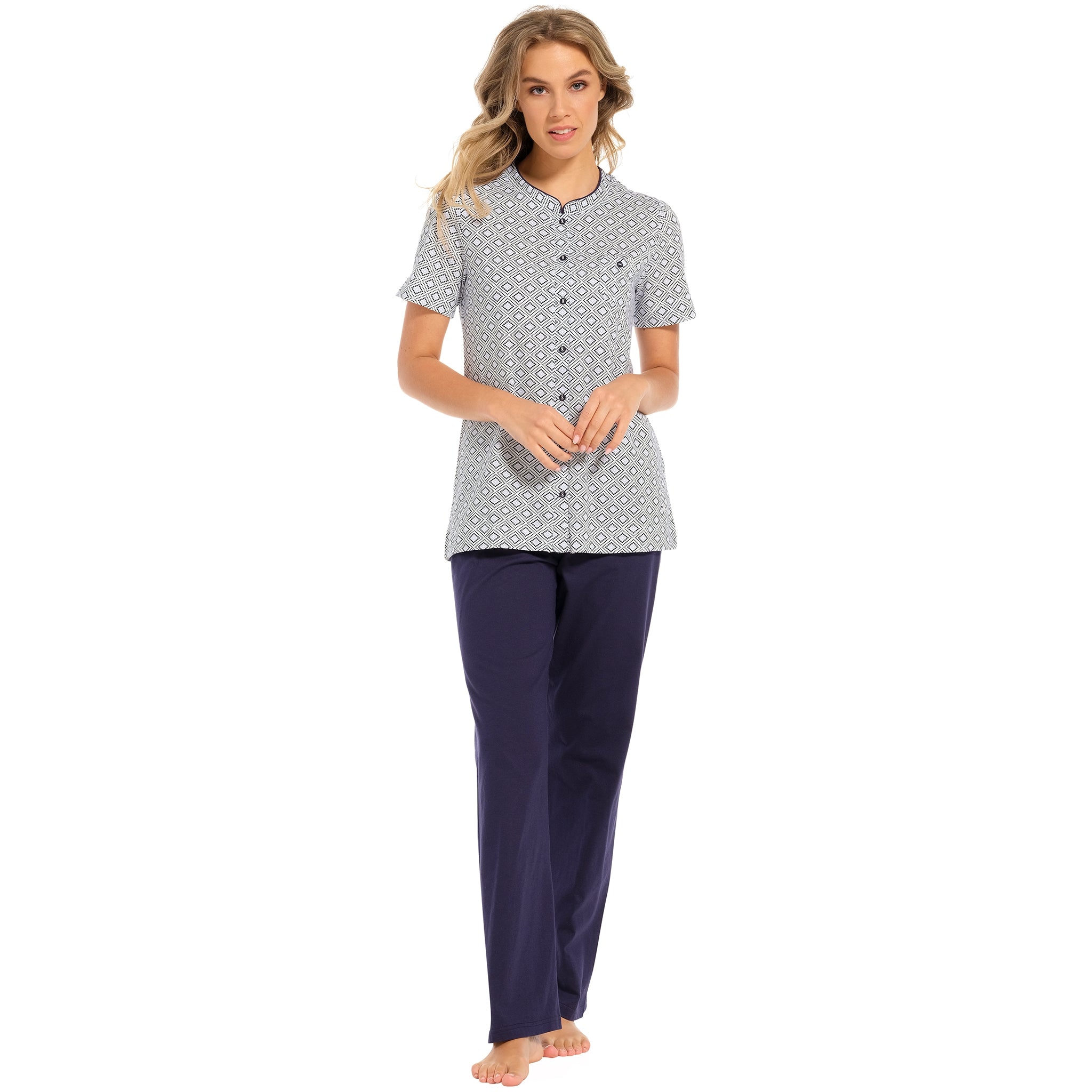 pastunette-graphic-pyjama-blau-wei-baumwolle-kurzarm-lang image 3