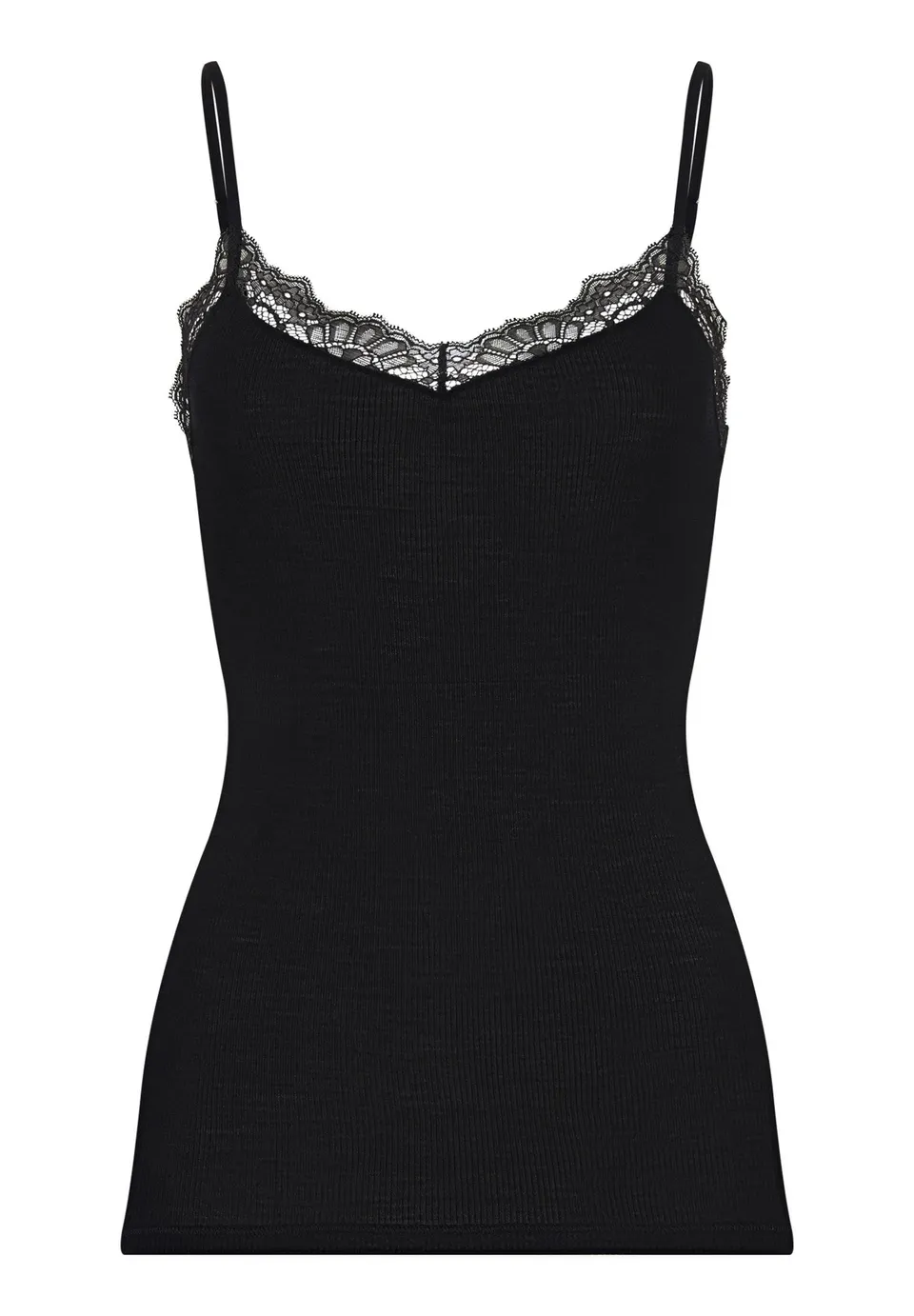 hanro-woolen-lace-spaghettitop-schwarz-wolle-seide-spitze image 1