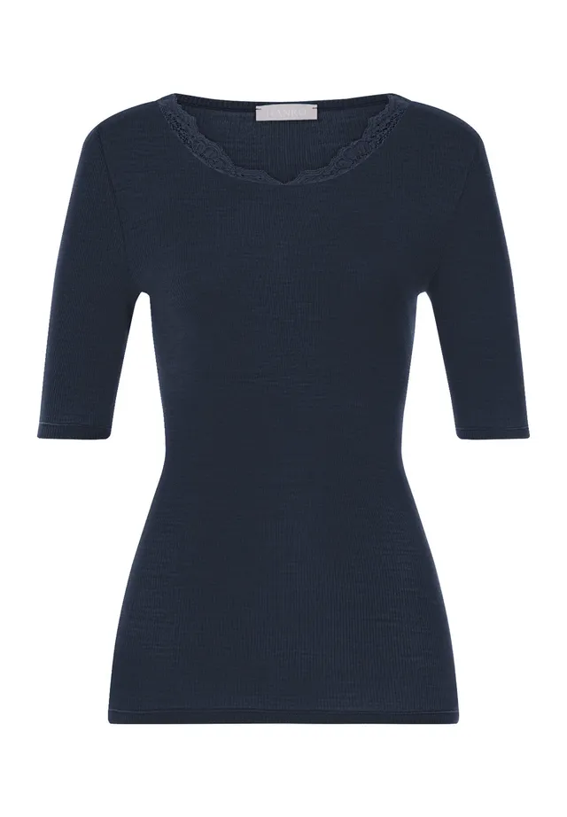 hanro-woolen-lace-kurzarmshirt-damen-deep-navy-merinowolle image 1