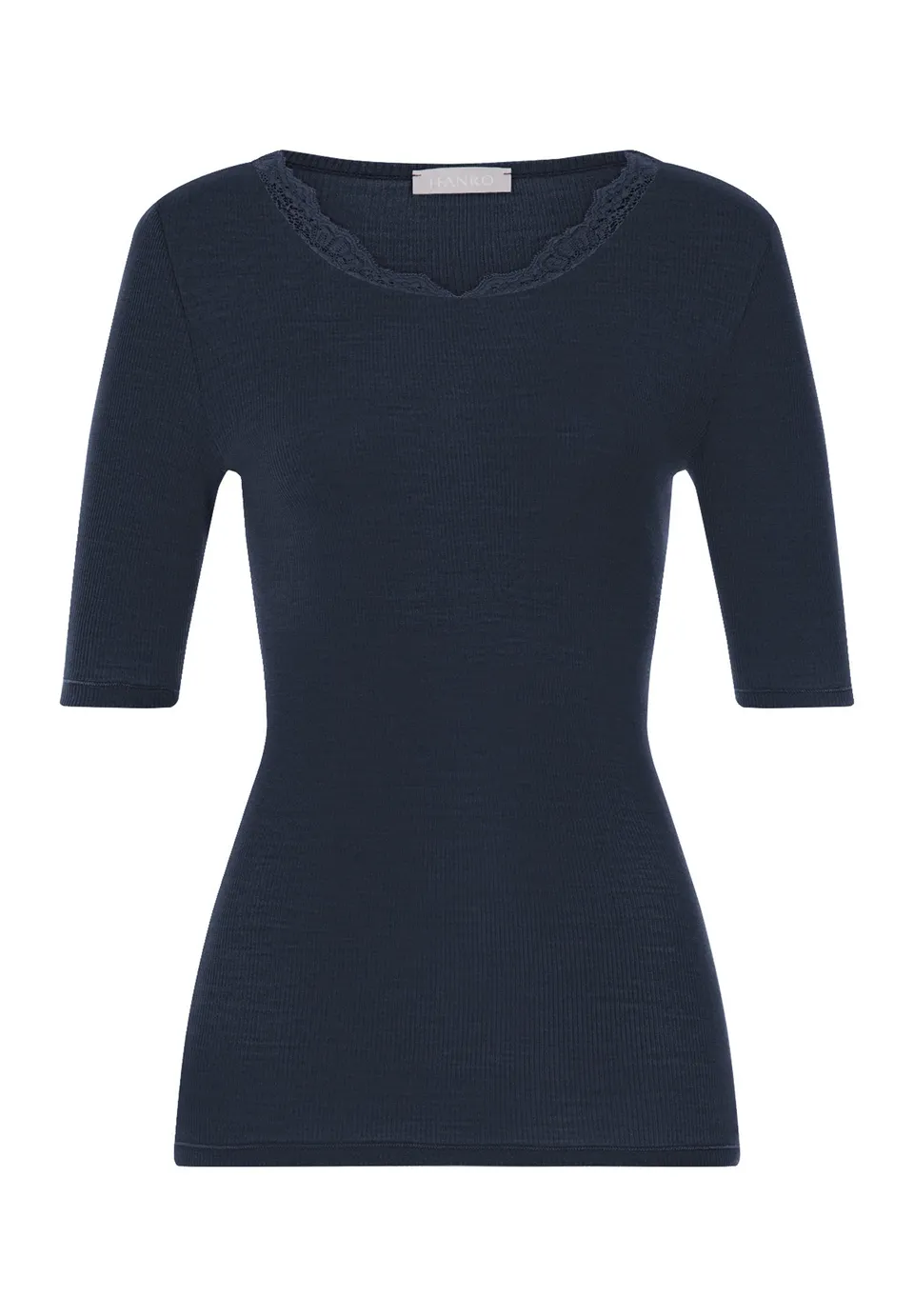 hanro-woolen-lace-kurzarmshirt-damen-deep-navy-merinowolle image 1
