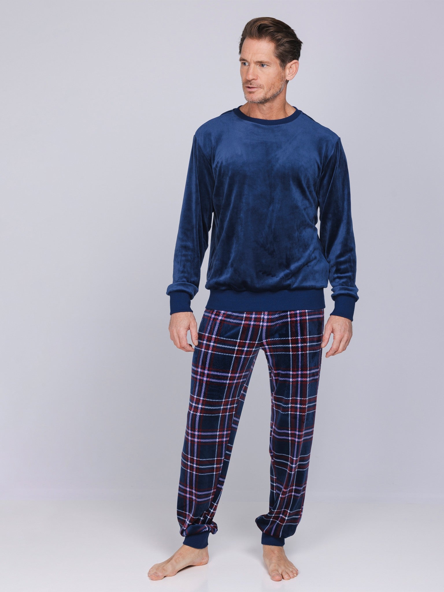 pastunette-northern-checks-pyjama-herren-dunkelblau-fleece image 2