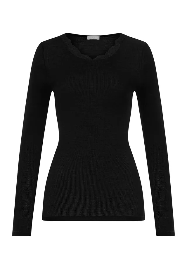 hanro-woolen-lace-070768-langarm-shirt-damen-schwarz-spitze image 1