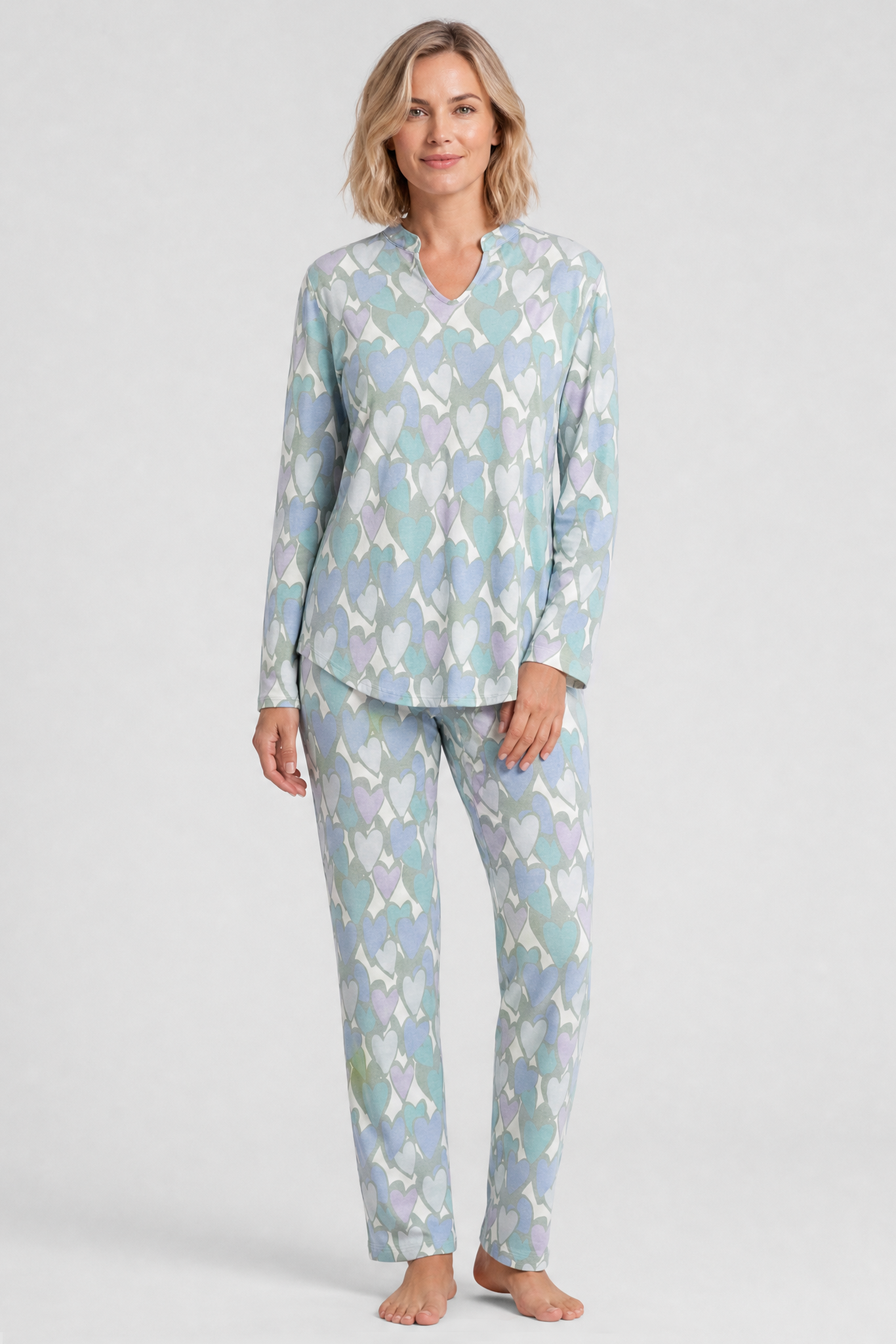 r-sch-be-happy-pyjama-herz-druck-blau-langarm-baumwolle image 1