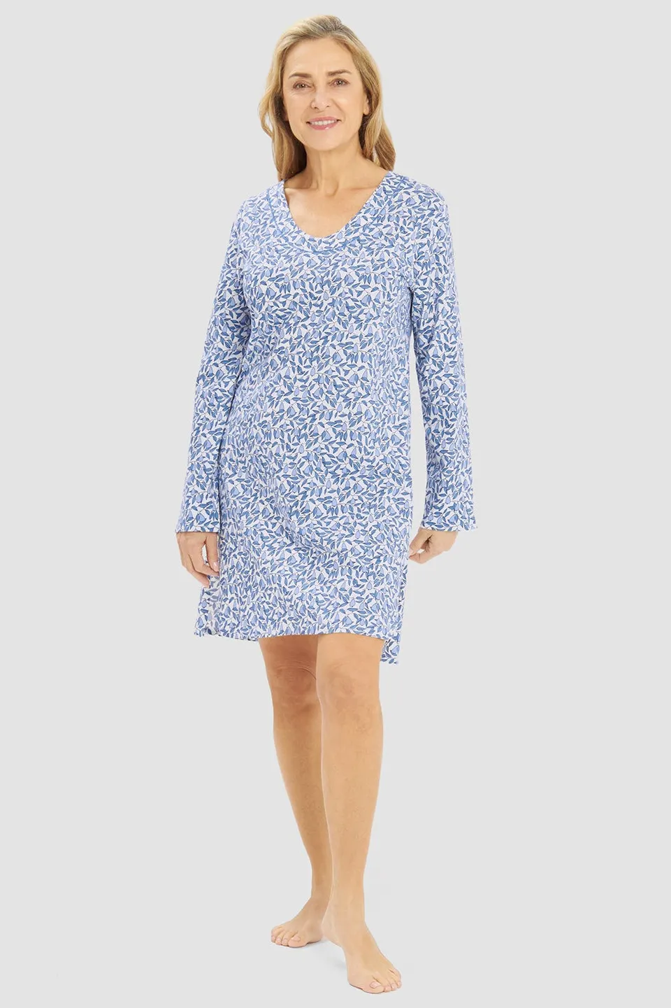 r-sch-be-happy-nachthemd-knielang-bl-ttermuster-blau-baumwolle image 1