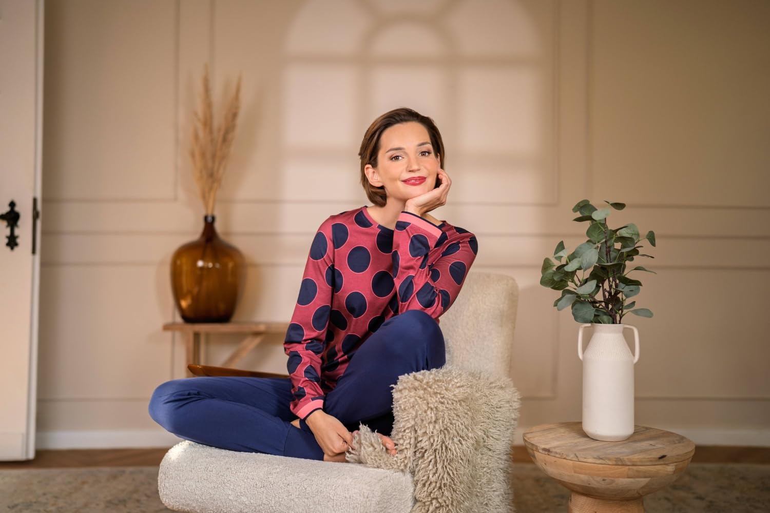 ringella-schlafanzug-langarm-polka-dots-burgund-pyjama-damen image 3