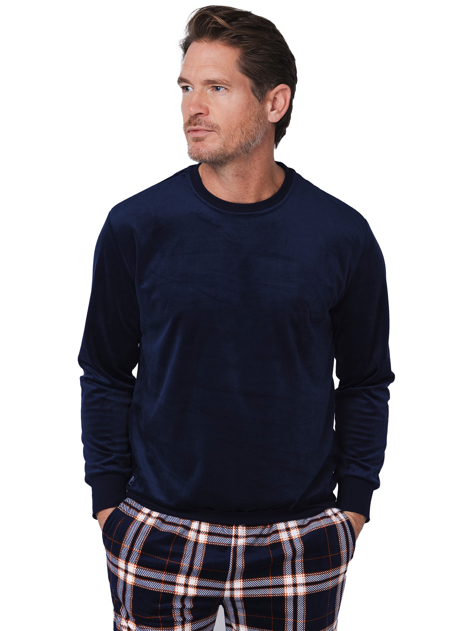 pastunette-midnight-mode-pyjama-dunkelblau-kariert-velours-fleece image 5