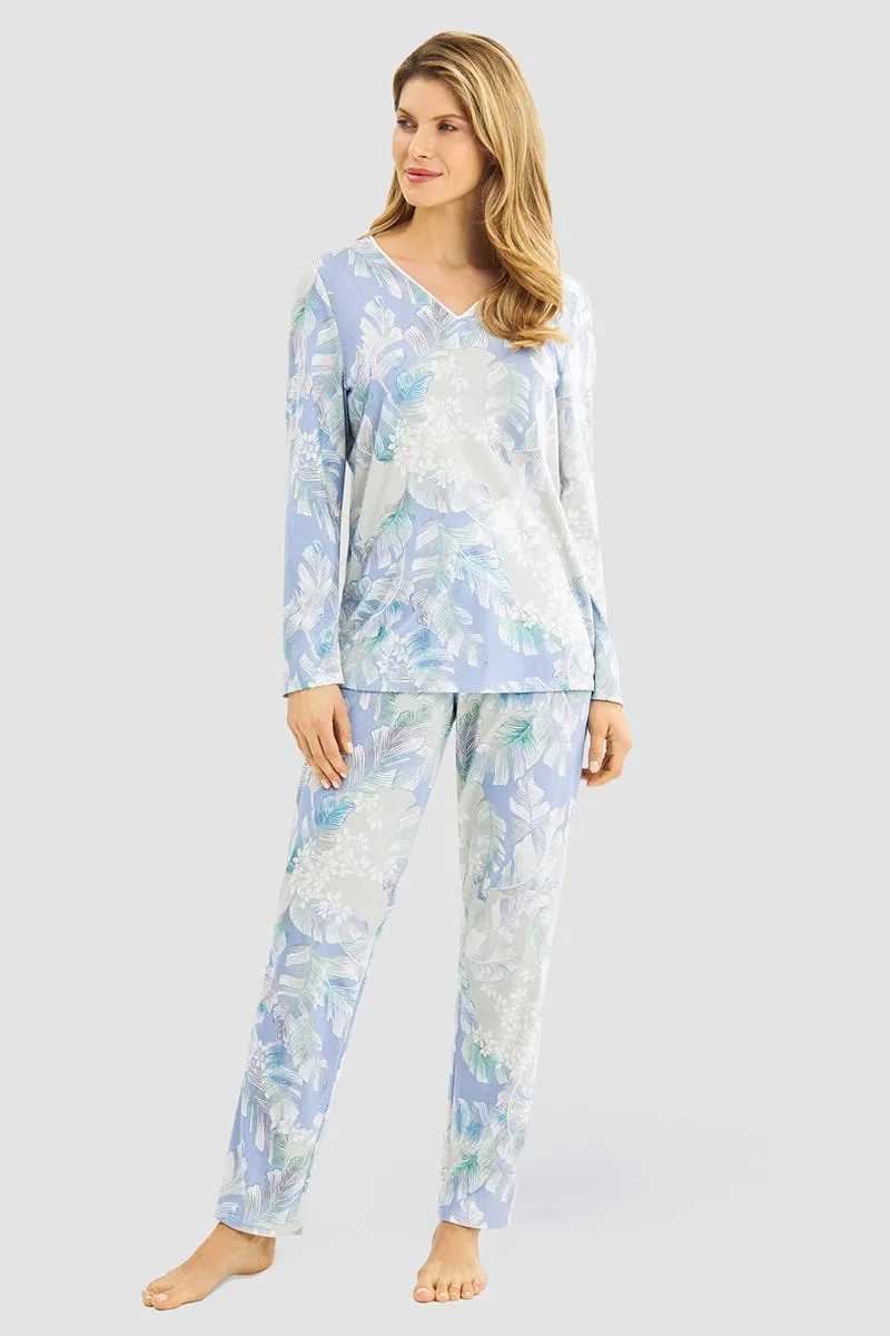 r-sch-be-happy-pyjama-lang-blau-bl-tterdruck-v-ausschnitt image 1