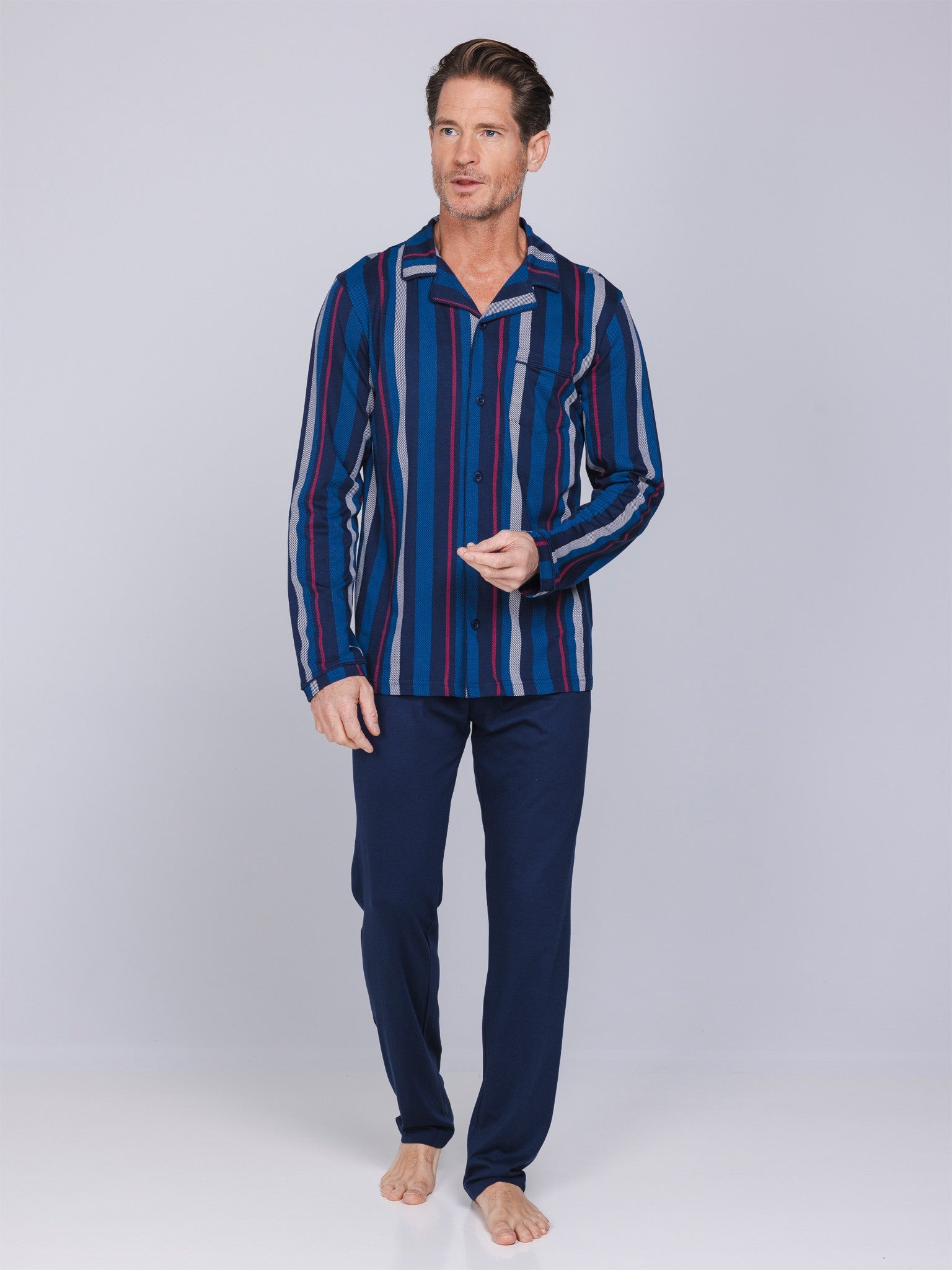 pastunette-northern-nights-herren-pyjama-blau-gestreift-baumwolle image 3