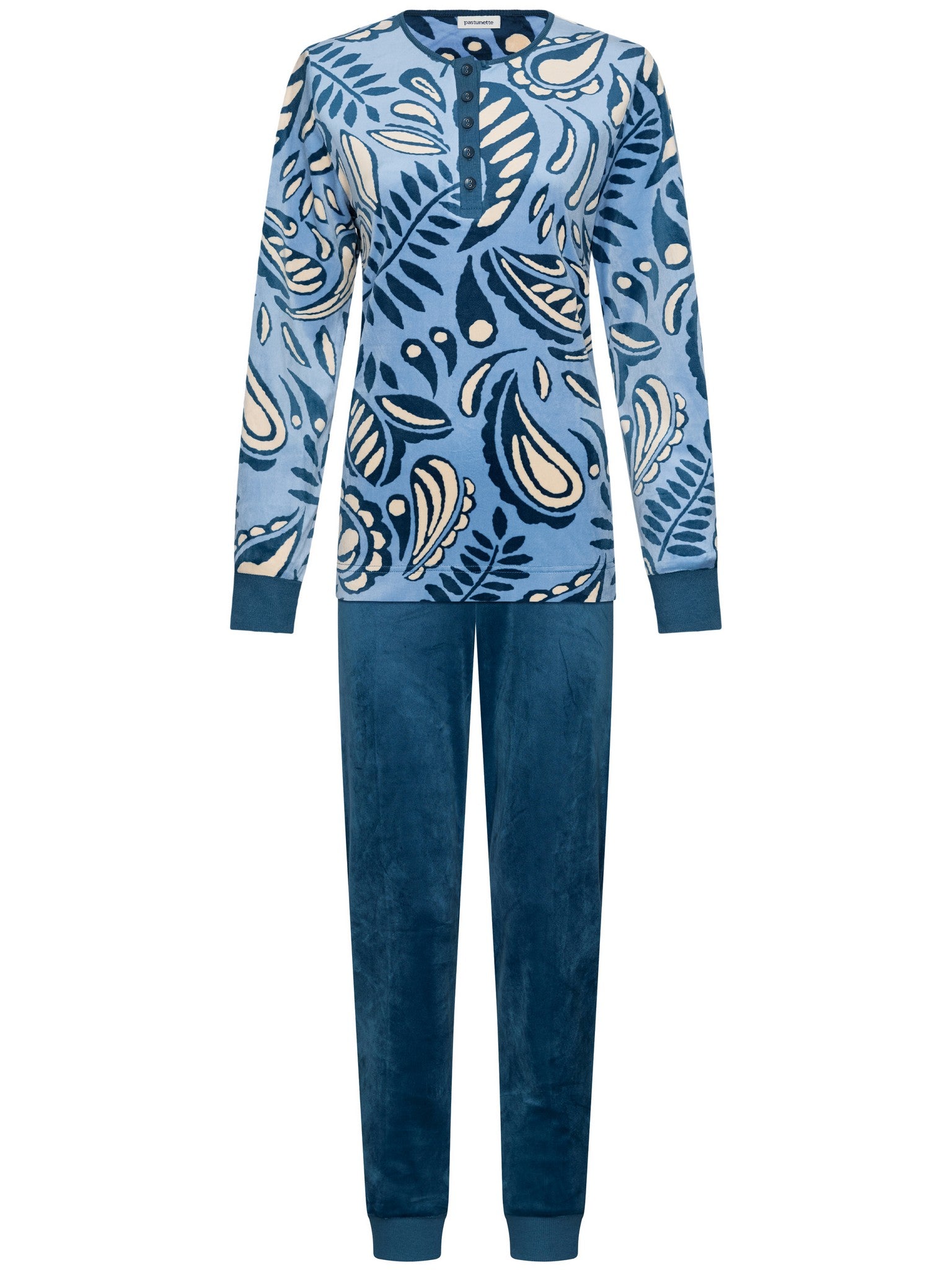 pastunette-soft-paisley-pyjama-blau-velours-fleece-langarm image 1