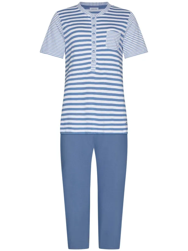 pastunette-stone-blue-pyjama-gestreift-blau-3-4-hose-baumwolle image 1