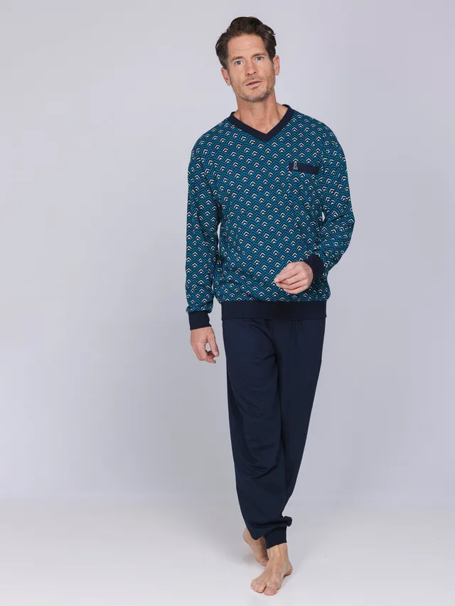 robson-graphic-herren-pyjama-blau-v-ausschnitt-baumwolle image 1