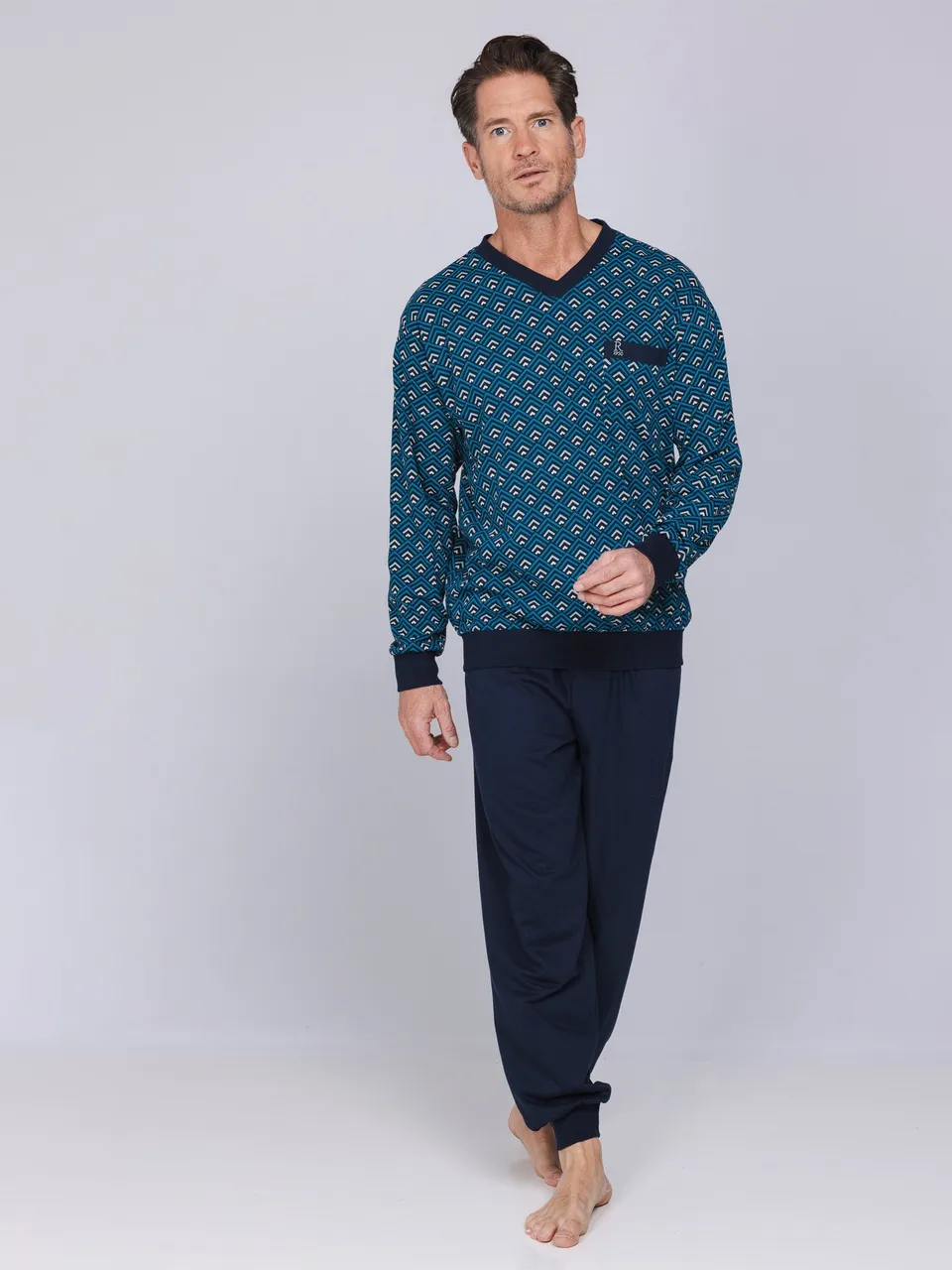robson-graphic-herren-pyjama-blau-v-ausschnitt-baumwolle image 1