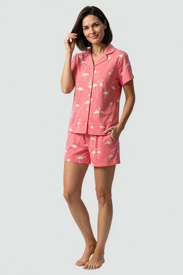 r-sch-be-happy-pyjama-kurz-flamingo-druck-rosa-baumwolle image 1