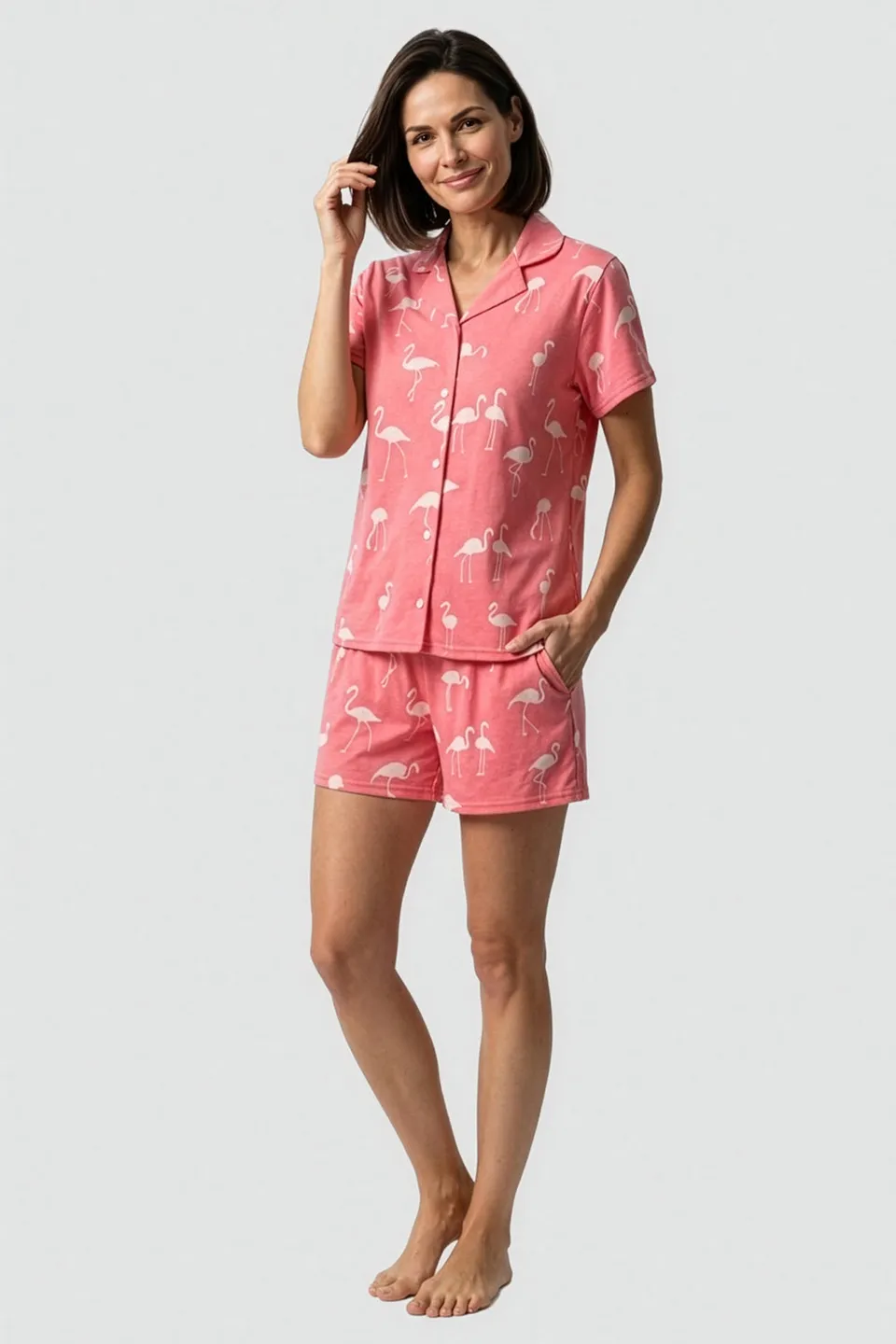 r-sch-be-happy-pyjama-kurz-flamingo-druck-rosa-baumwolle image 1