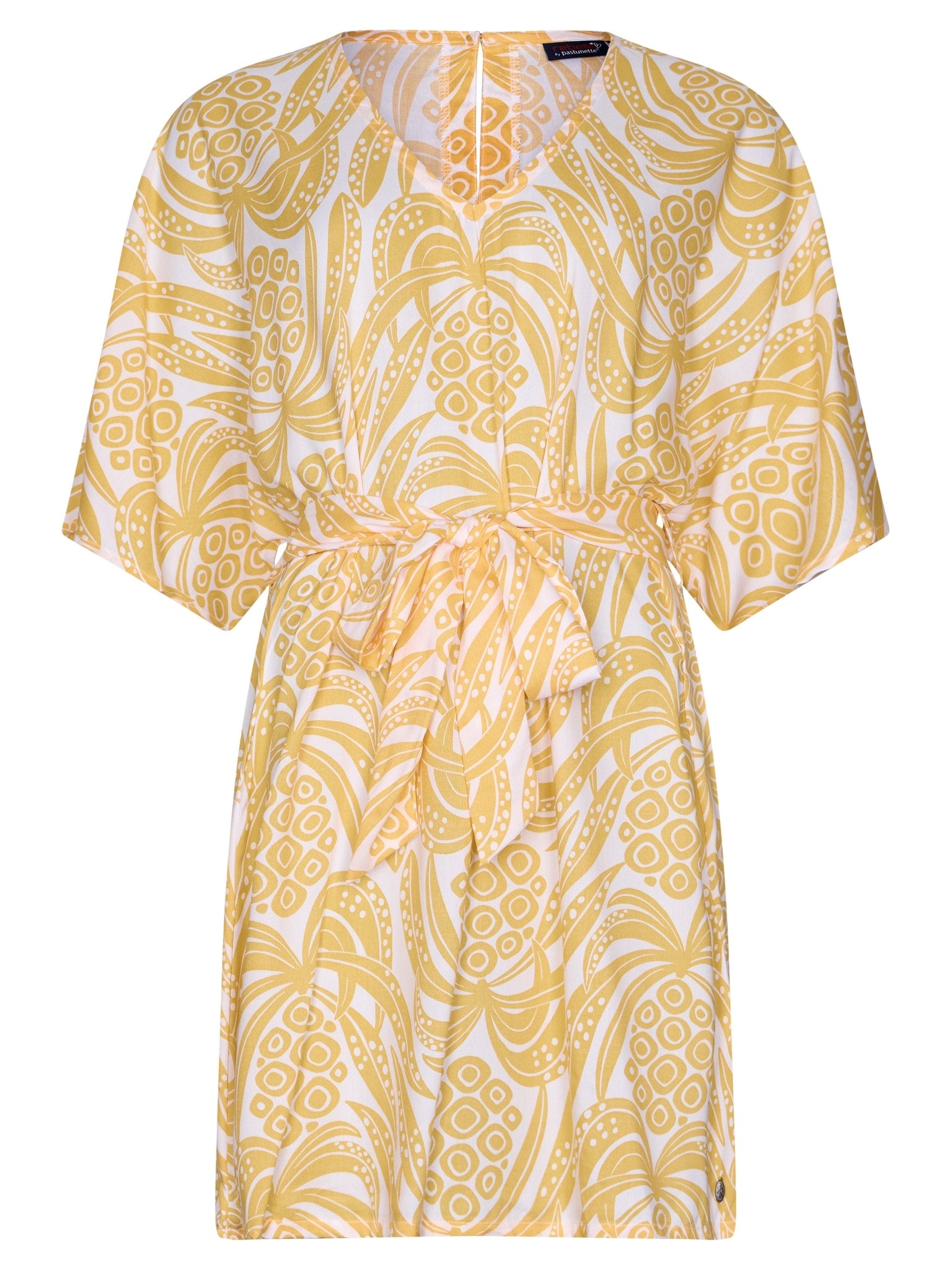 rebelle-tropical-jungle-kleid-gelb-ananas-viskose-v-ausschnitt image 2