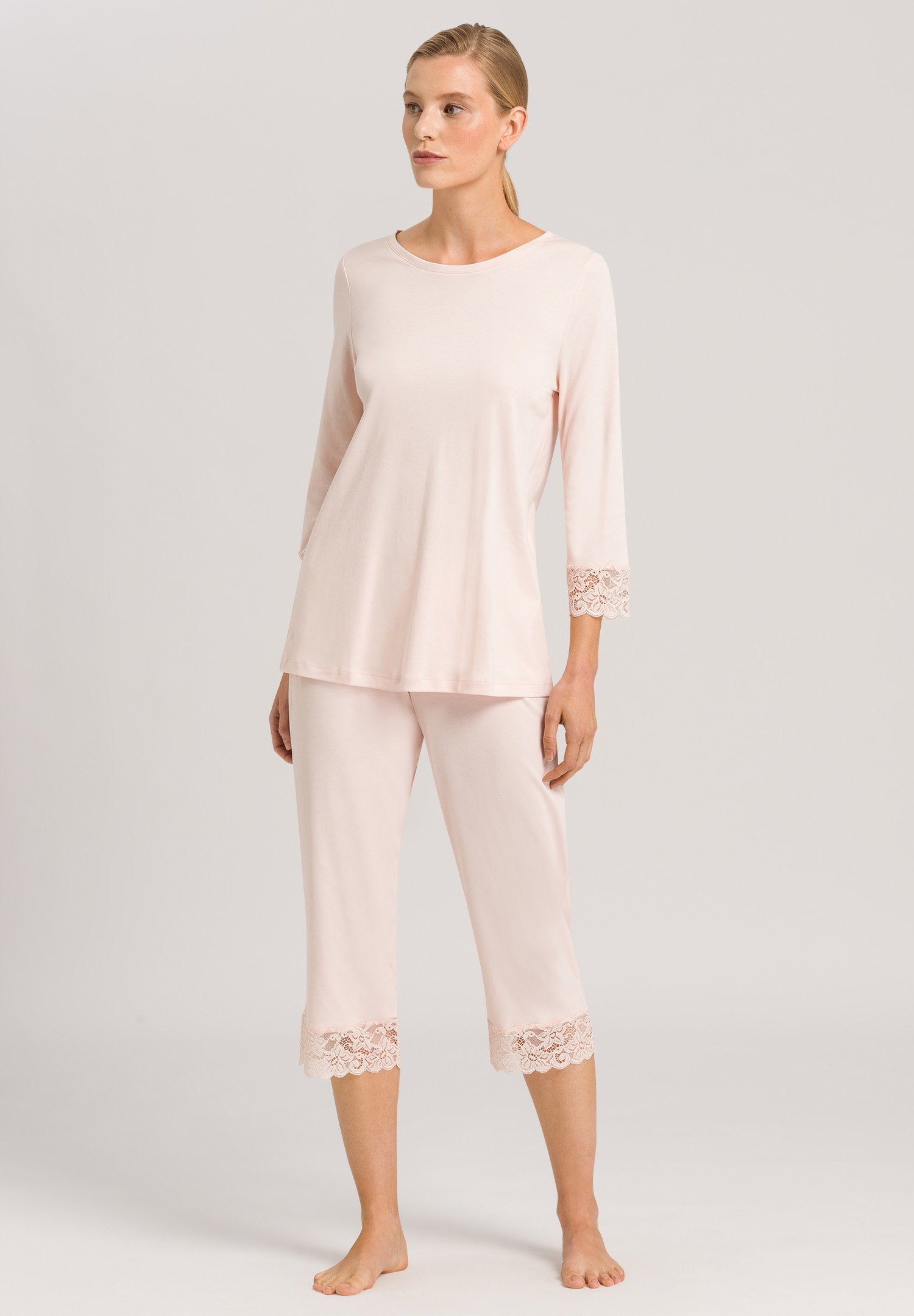 hanro-moments-pyjama-crystal-pink-baumwolle-spitze-3-4-arm image 2