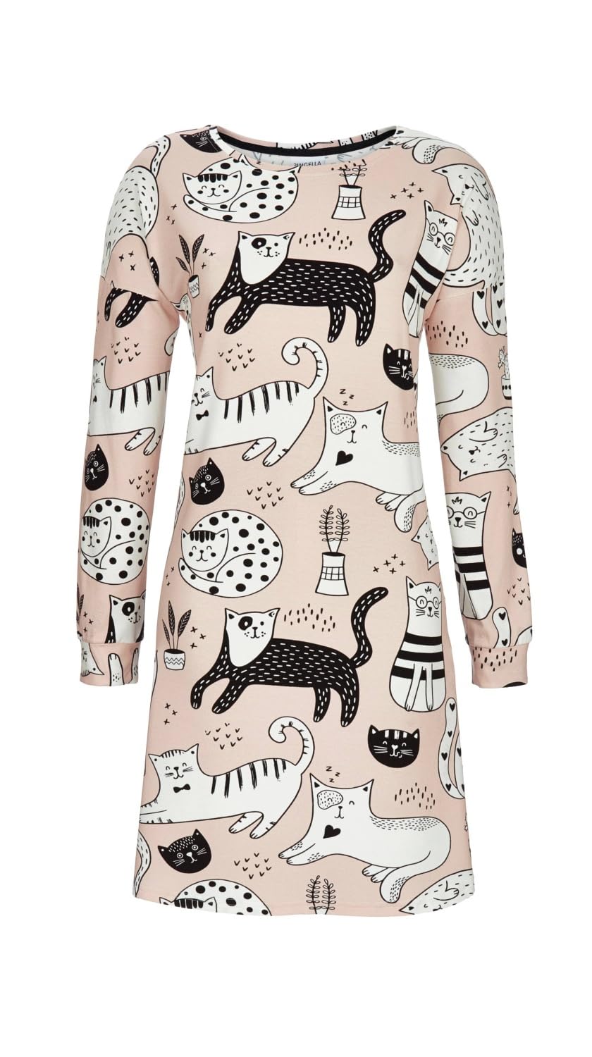 ringella-damen-sleepshirt-langarm-katzen-champagner-nachthemd-baumwolle image 1