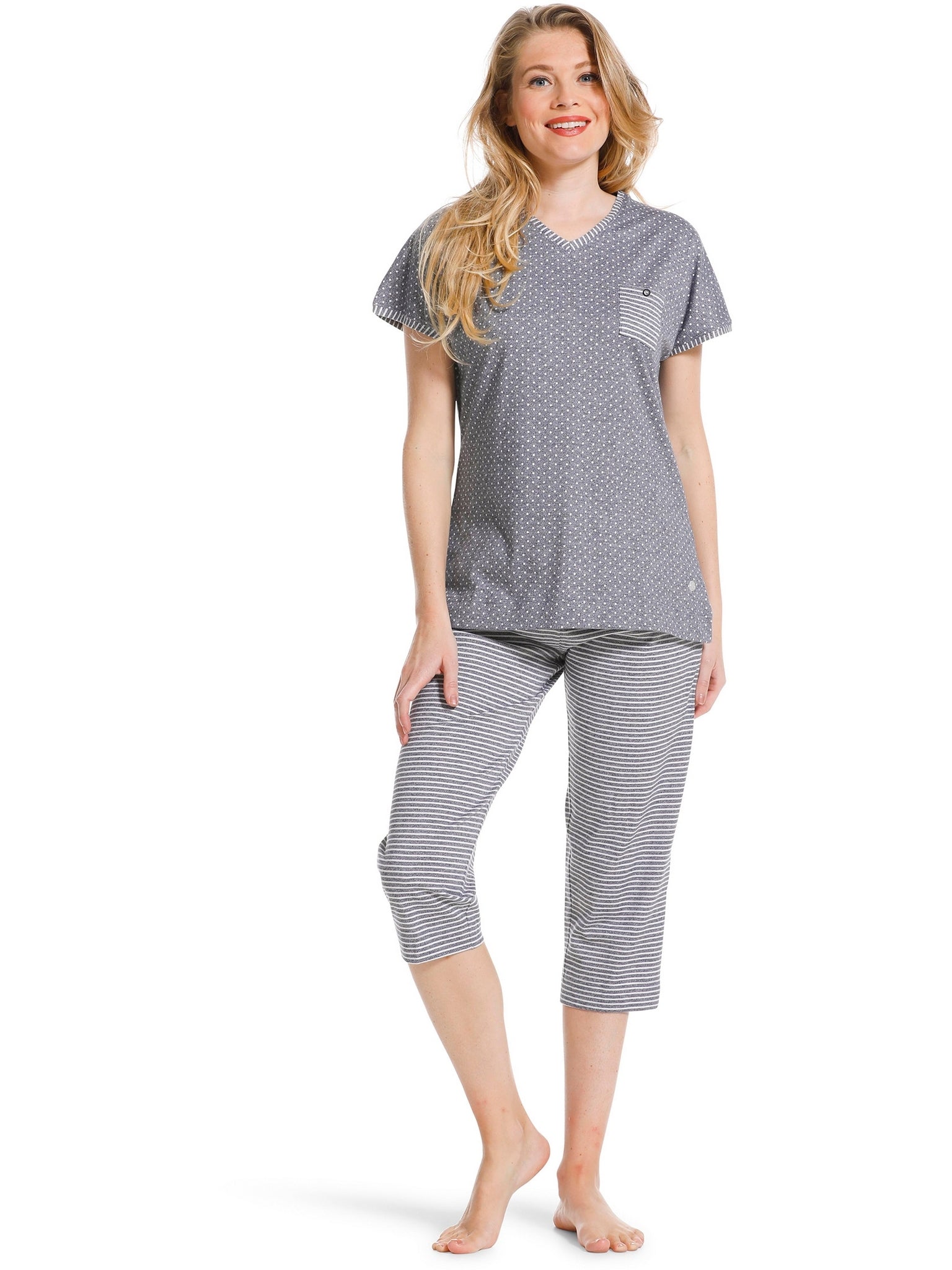 pastunette-pyjama-damen-blau-kurzarm-3-4-hose-baumwolle image 2