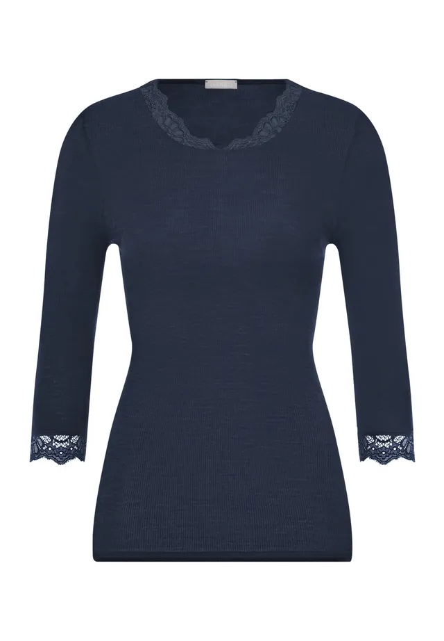 hanro-woolen-lace-3-4-shirt-deep-navy-wolle-seide-damen image 1