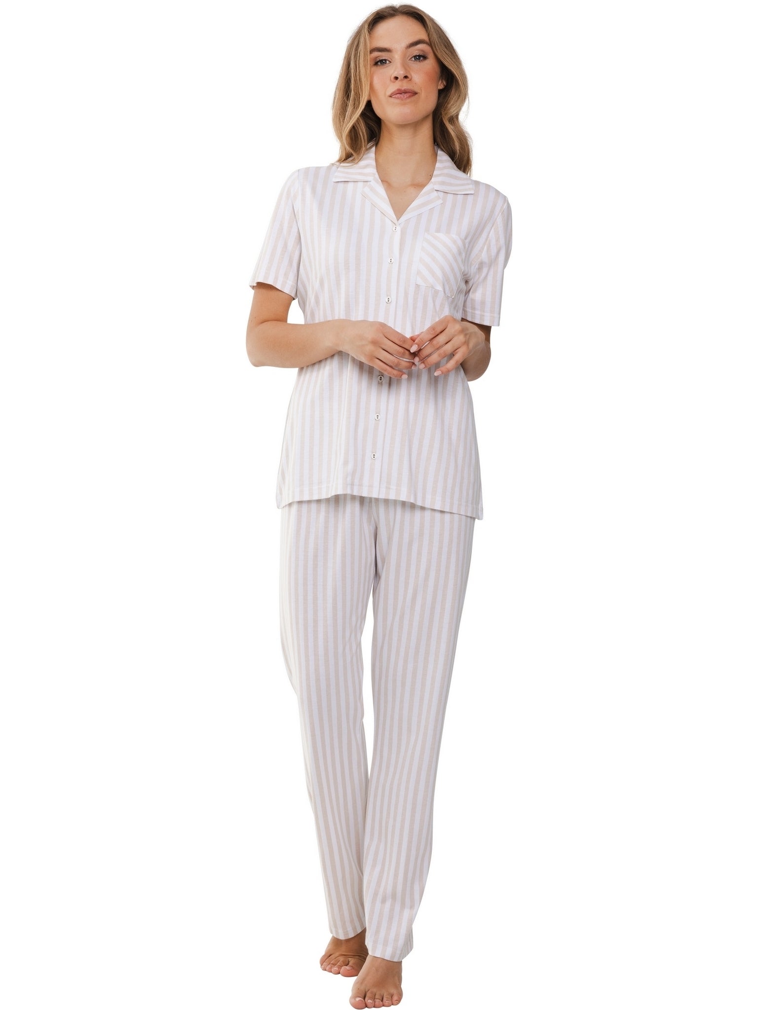 pastunette-beige-dream-pyjama-beige-gestreift-baumwolle-durchknopf image 2