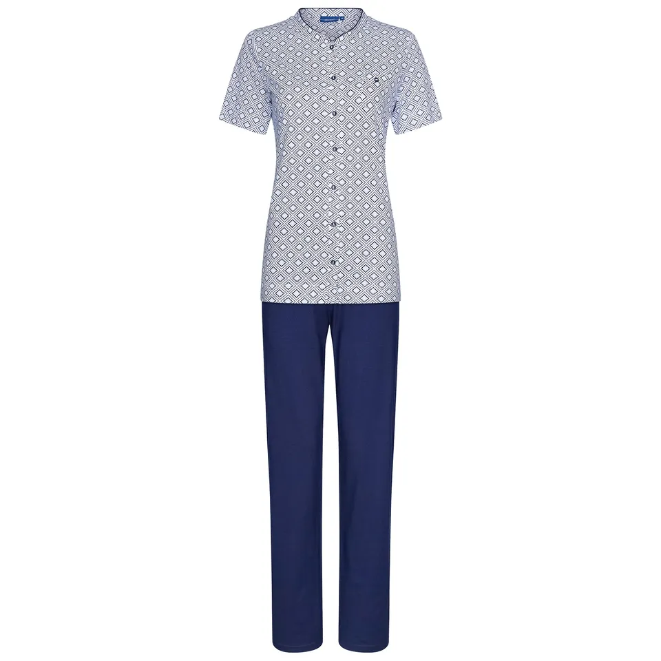 pastunette-graphic-pyjama-blau-wei-baumwolle-kurzarm-lang image 1